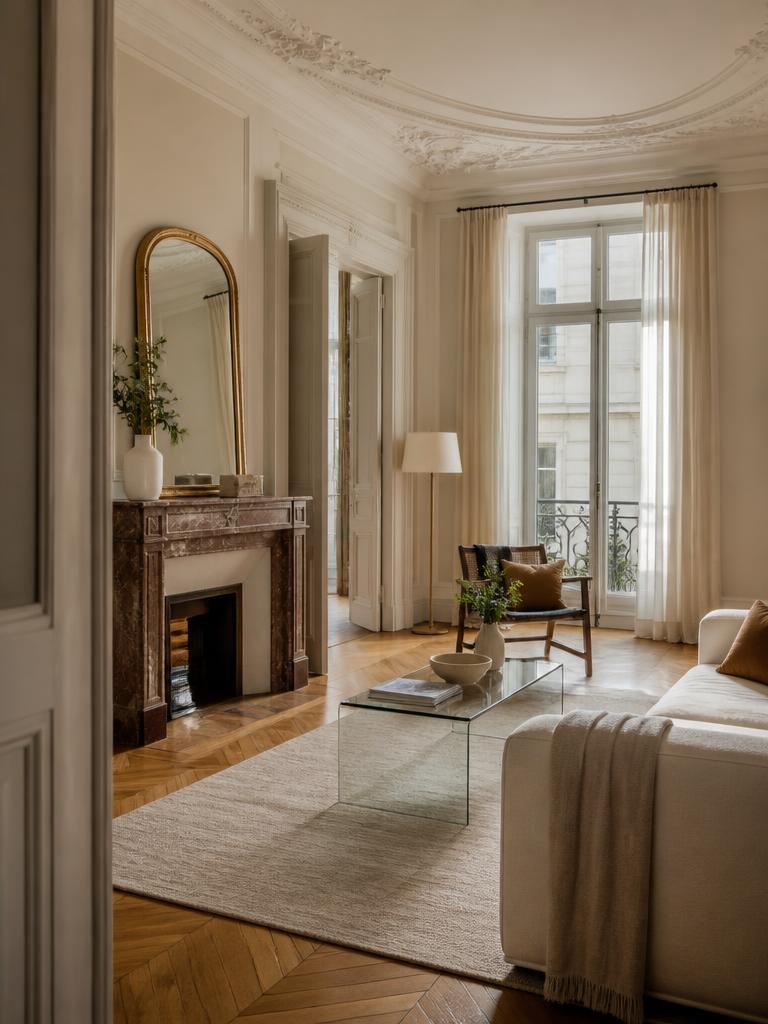 Salon bordelais rénové avec parquet ancien
